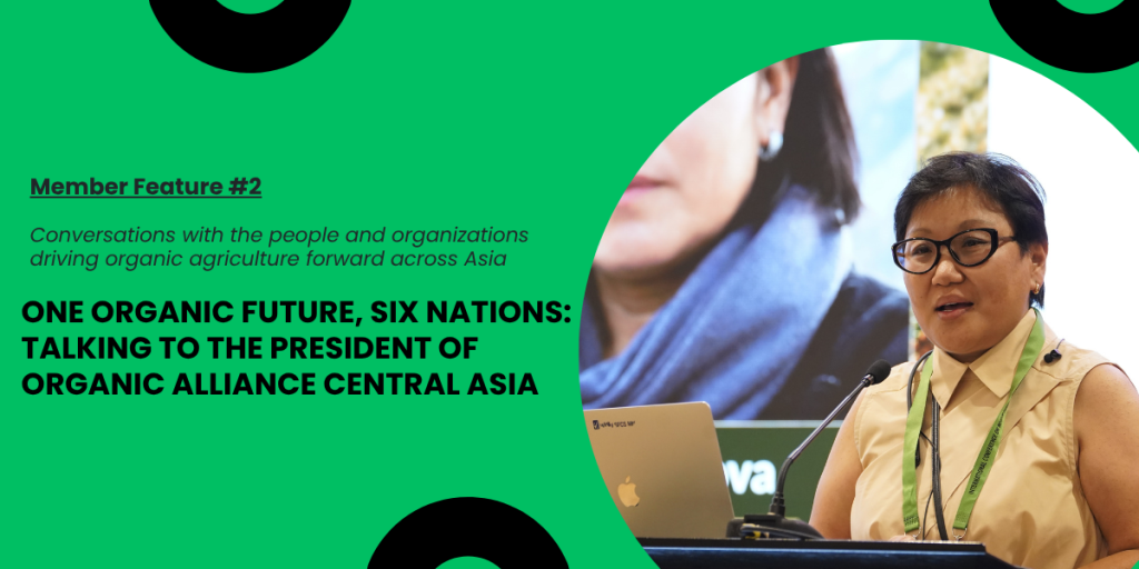 A feature image with the title of the story and an image of the President of Organic Alliance of Central Asia