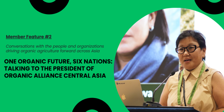 A feature image with the title of the story and an image of the President of Organic Alliance of Central Asia